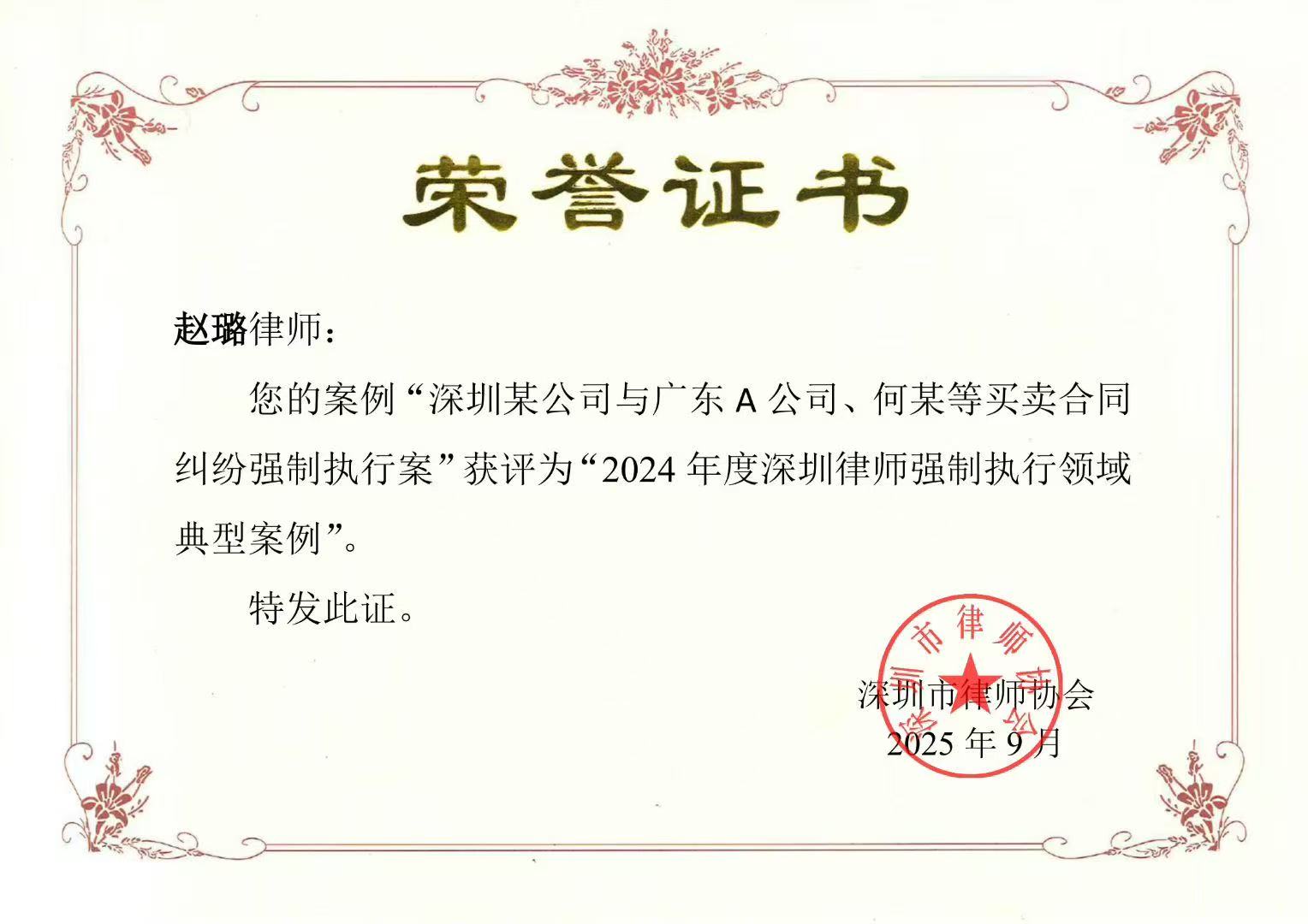 【德纳荣誉】专业深耕，载誉前行！德纳赵璐律师案例获评“2024年度深圳律师强制执行领域典型案例”
